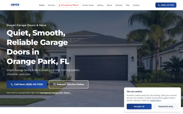 Homepage of Dwyer Garage Doors & More, a Garage Doors website in Orange Park, FL, designed by WebLynx Solution