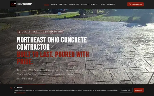 Homepage of Kondo's Koncrete, a Concrete website in Kinsman, OH, designed by WebLynx Solution