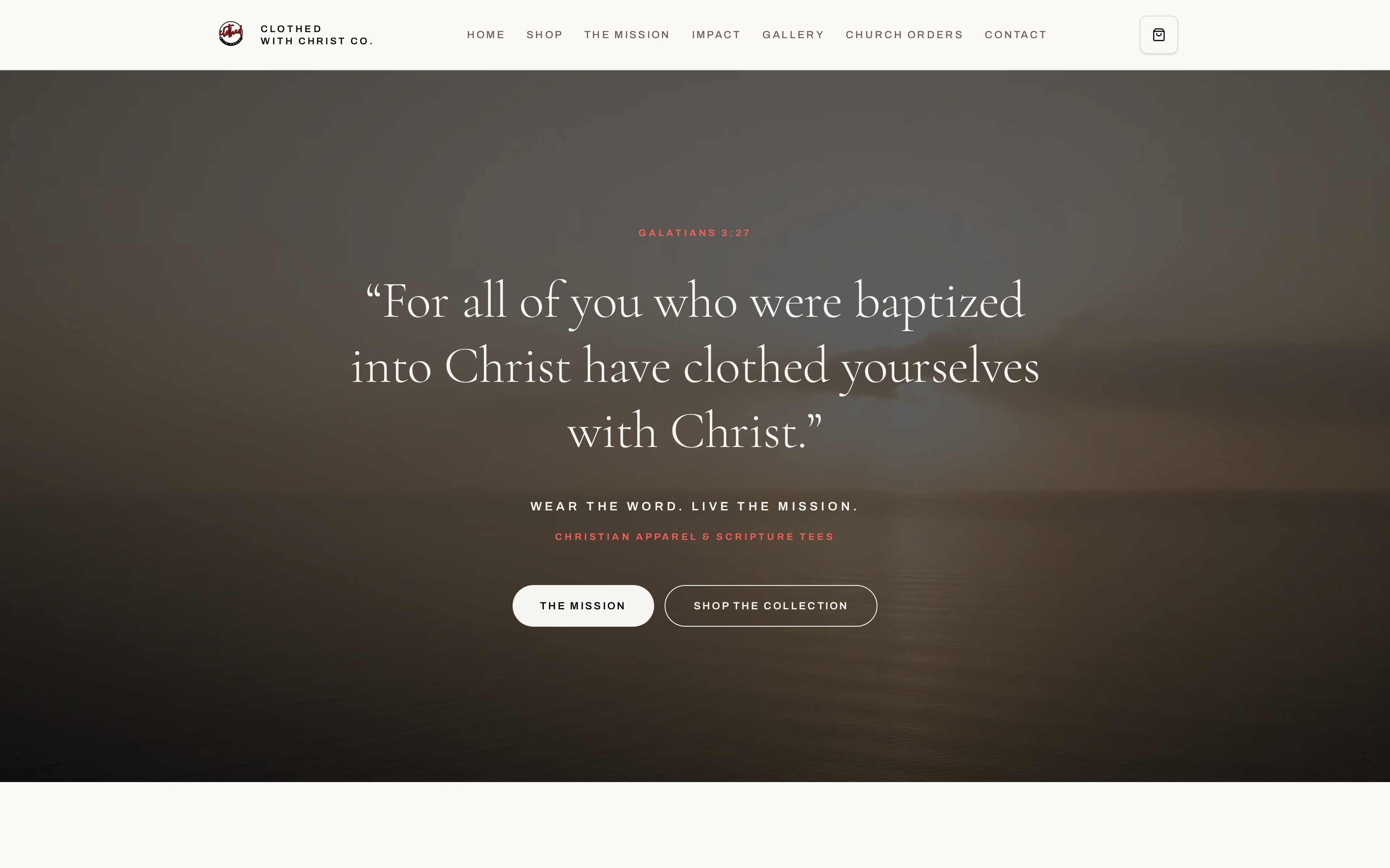 CLOTHED WITH CHRIST storefront after the WebLynx redesign: a brand-first homepage with the Galatians 3:27 verse over a calm water scene