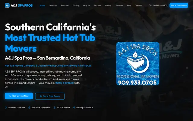 Homepage of A&J Spa Pros, a Spa & Wellness website in Southern California, designed by WebLynx Solution