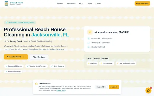 Homepage of Beach Beehive Cleaning, a Cleaning website in Jacksonville Beach, FL, designed by WebLynx Solution