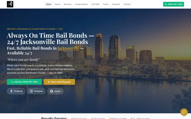 Homepage of Always On Time Bail Bonds, a Bail Bonds website in Jacksonville, FL, designed by WebLynx Solution