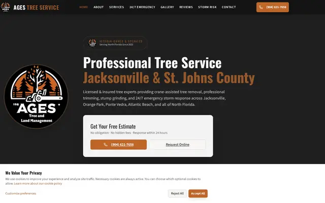 Homepage of AGES Tree Service, a Tree Service website in Jacksonville, FL, designed by WebLynx Solution