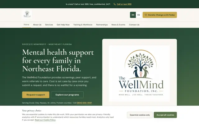 Homepage of WellMind Foundation, a Mental Health website in Jacksonville, FL, designed by WebLynx Solution