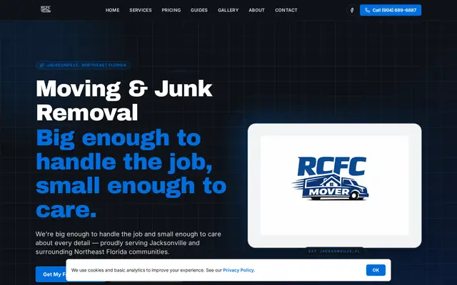 Homepage of RCFC Mover, a Junk Removal website in Jacksonville, FL, designed by WebLynx Solution