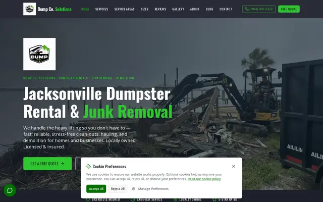 Homepage of Dump Co. Solutions, a Junk Removal website in Jacksonville, FL, designed by WebLynx Solution