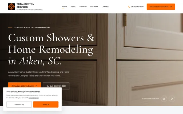 Homepage of Total Custom Services, a Remodeling & Cabinetry website in Aiken, SC, designed by WebLynx Solution