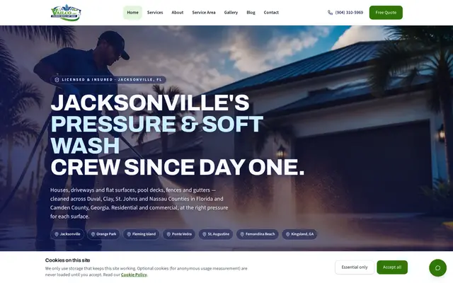 Homepage of Vailco Pressure Washing, a Pressure Washing website in Jacksonville, FL, designed by WebLynx Solution