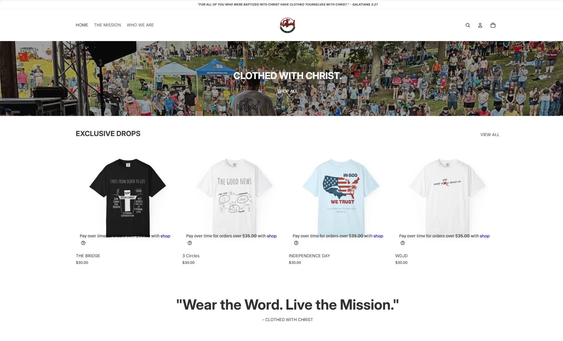 CLOTHED WITH CHRIST storefront before the redesign: the standard Shopify theme with a plain product grid