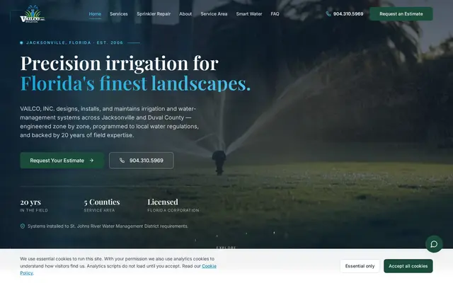 Homepage of VAILCO, INC. Irrigation, a Irrigation Services website in Jacksonville, FL, designed by WebLynx Solution