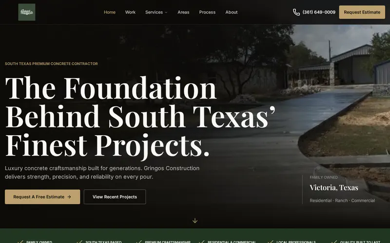 Homepage of Gringos Construction, a Concrete website in Victoria, TX, designed by WebLynx Solution