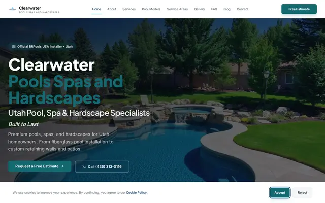 Homepage of Clearwater Pools Spas & Hardscape, a Pools & Hardscape website in Utah, designed by WebLynx Solution