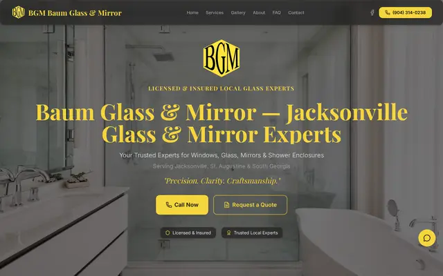 Homepage of Baum Glass & Mirror, a Glass & Specialty website in Jacksonville, FL, designed by WebLynx Solution