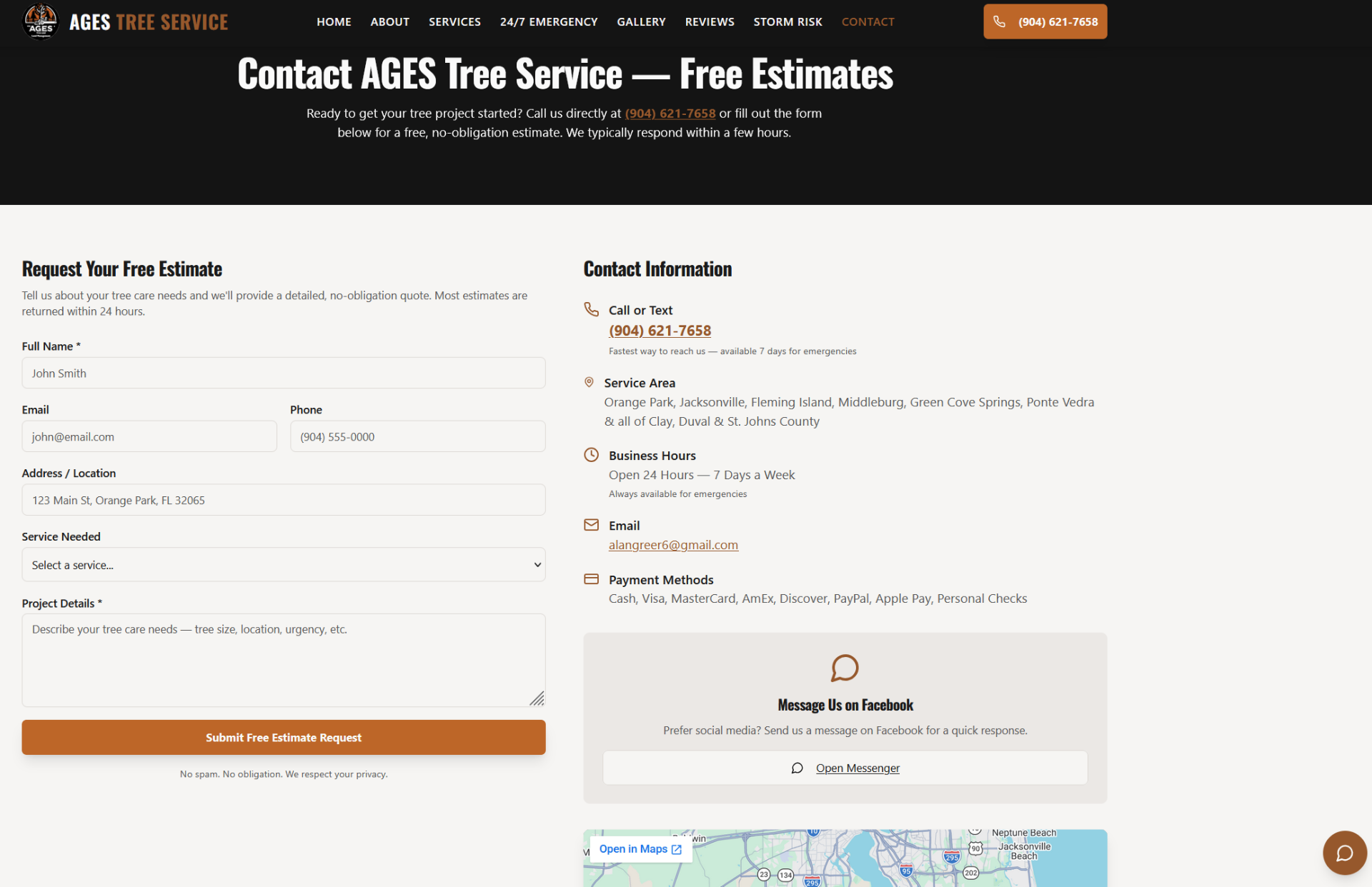 AGES Tree Service contact and quote page